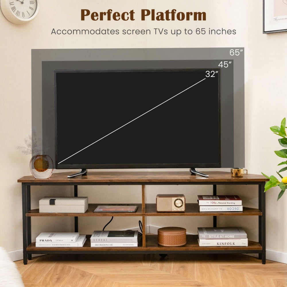 Finihen TV Stand, Entertainment Center, 3-Tier Corner TV Stand for TVs up to 65 Inches with Charging Station, for Living Room, Rustic Brown