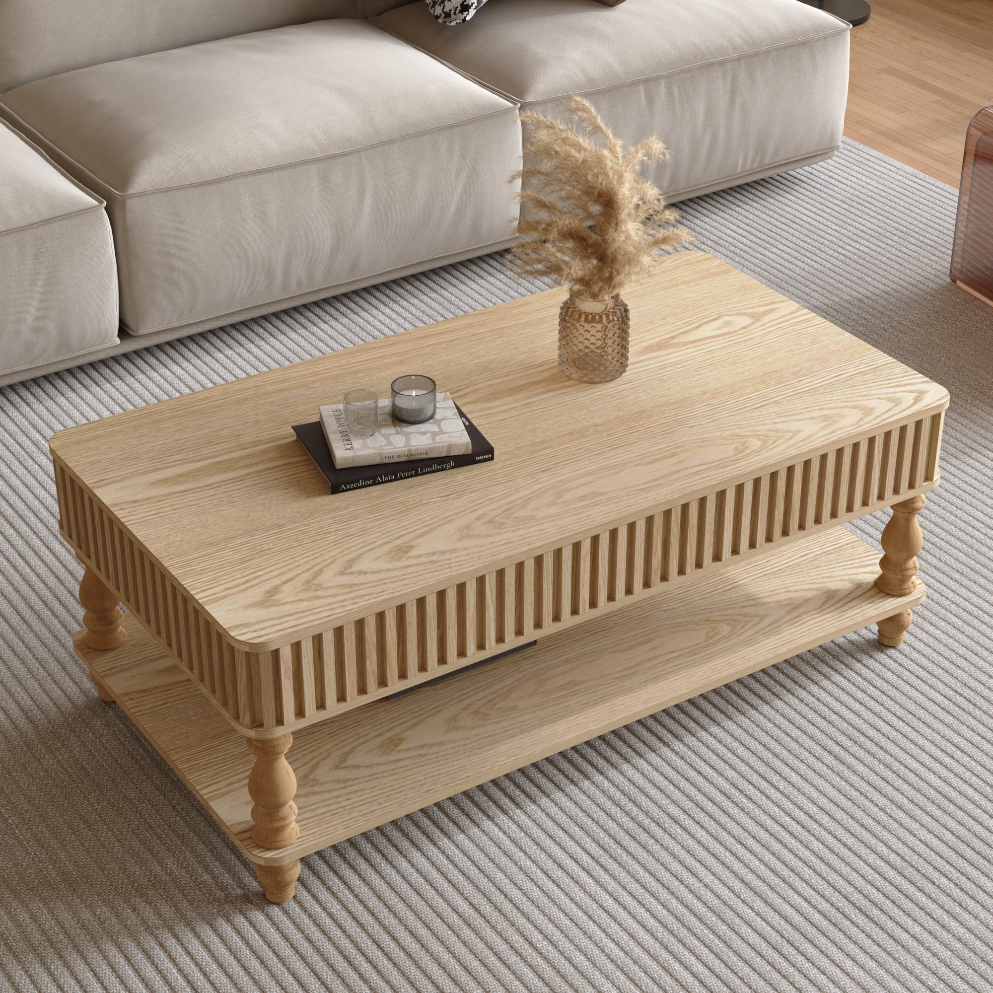 47.24" Lift Top Coffee Table with Hidden Storage and Open Shelf, Solid Wood Center Table with Fluted Design & Roman Column Legs, Tool-Free Assembly for Living Room, Vintage NaturalWood