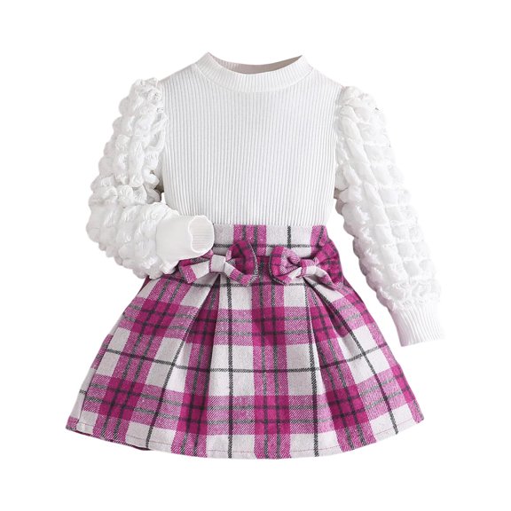 Povozer Toddler Girls Clothes Toddler Girls Plaid Outfits Girls Puff Sleeve Knit Ribbed Shirt Tops Plaid Skirt Set Kids Fall Winter Clothes,Size 7-8 Years,Hot Pink