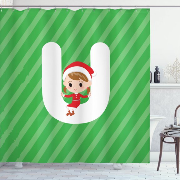 Ambesonne Christmas Alphabet Shower Curtain, Letter U Layout, 69"Wx84"L, Green Dark Coral White