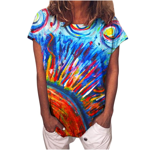 Blusa de manga corta con estampado de grafiti y cuello redondo para mujer Pompotops hkajfhjk459126