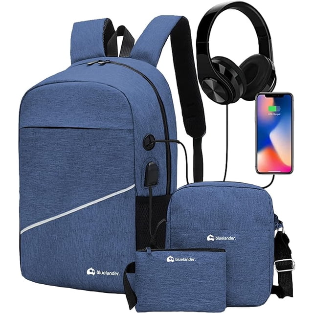 Mochila Antirrobo de 3 piezas, Bluelander con Puerto USB y Puerto para Audífonos, Azul