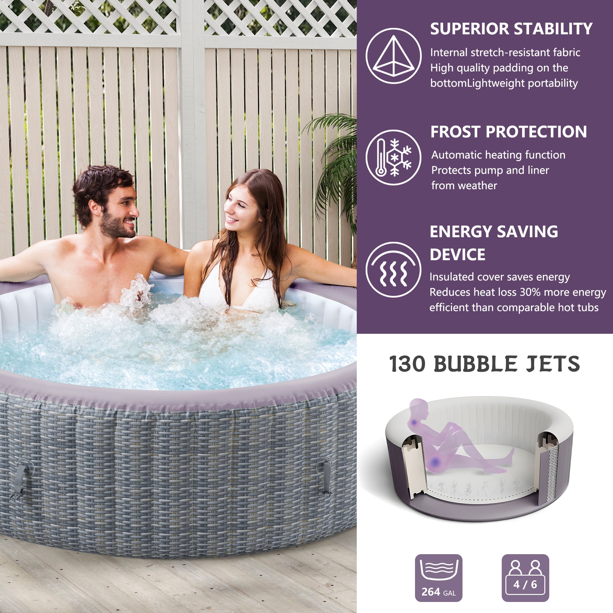 Portable Inflatable Hot Tub with Built-in Heating System - 264 Gallon Capacity, Massage Jet Home Hot Tub for Teens and Adults, Rattan Pattern