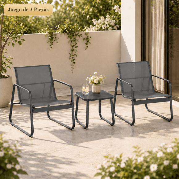 Zocalo Juego de Muebles de Exterior 3 Piezas, 2 Sillones y Mesa Auxiliar de Acero, Sillas con Tela Transpirable, Resistente al Agua y UV, Set para Jardín, Terraza y Patio, Color Negro