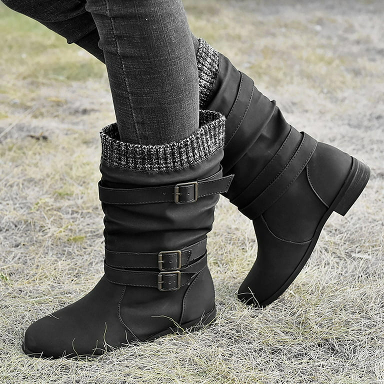 Dezsed Women's Extra Wide Calf Slouchy Boots Clearance Women Boots Winter  Buckle Strap Chunky Heels Slip On Retro Ladies Footwear Shoes Black 