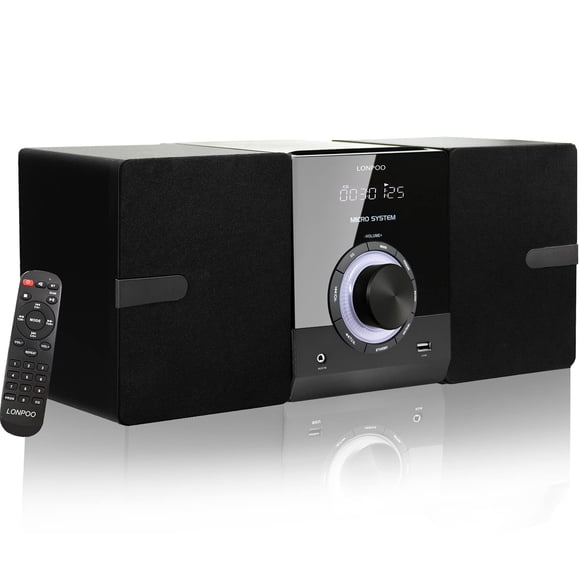 Compact Stereo System Speakers with CD Player, Bluetooth, FM Radio, Aux-in, USB-in, Earphone Jack, DSP-Tech, Remote, 30W Crisp-Sound Shelf Stereo Sys