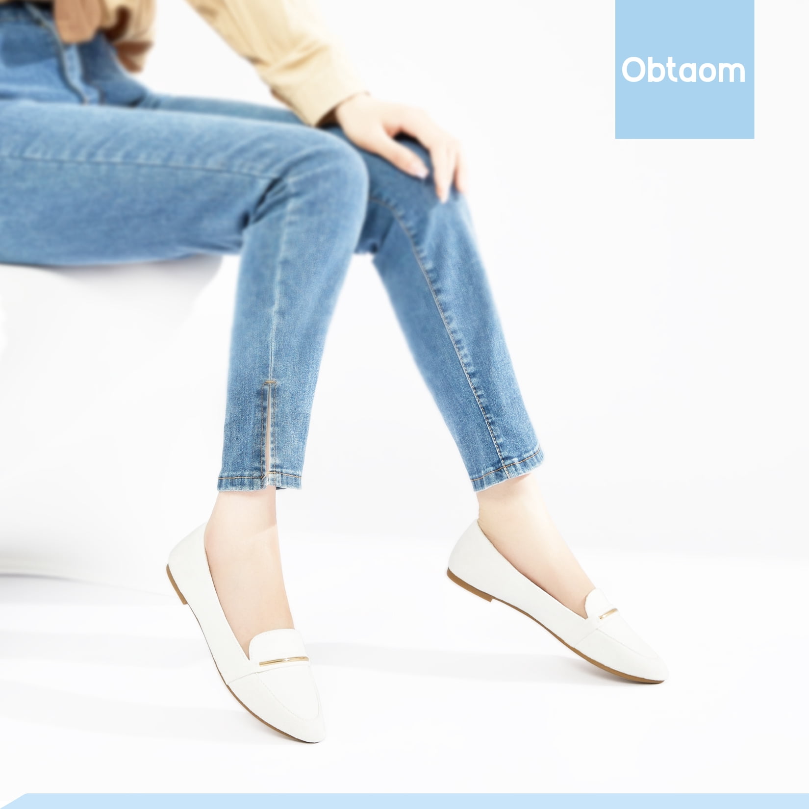 Obtaom Women’s Stylish Pointy Toe Loafer Flat ,Comfortable Faux Suede Ballet Flat, Elegant Work Penny Shoes ,Cute Pointed Toe Dress Shoes for Ladies (White,US7)