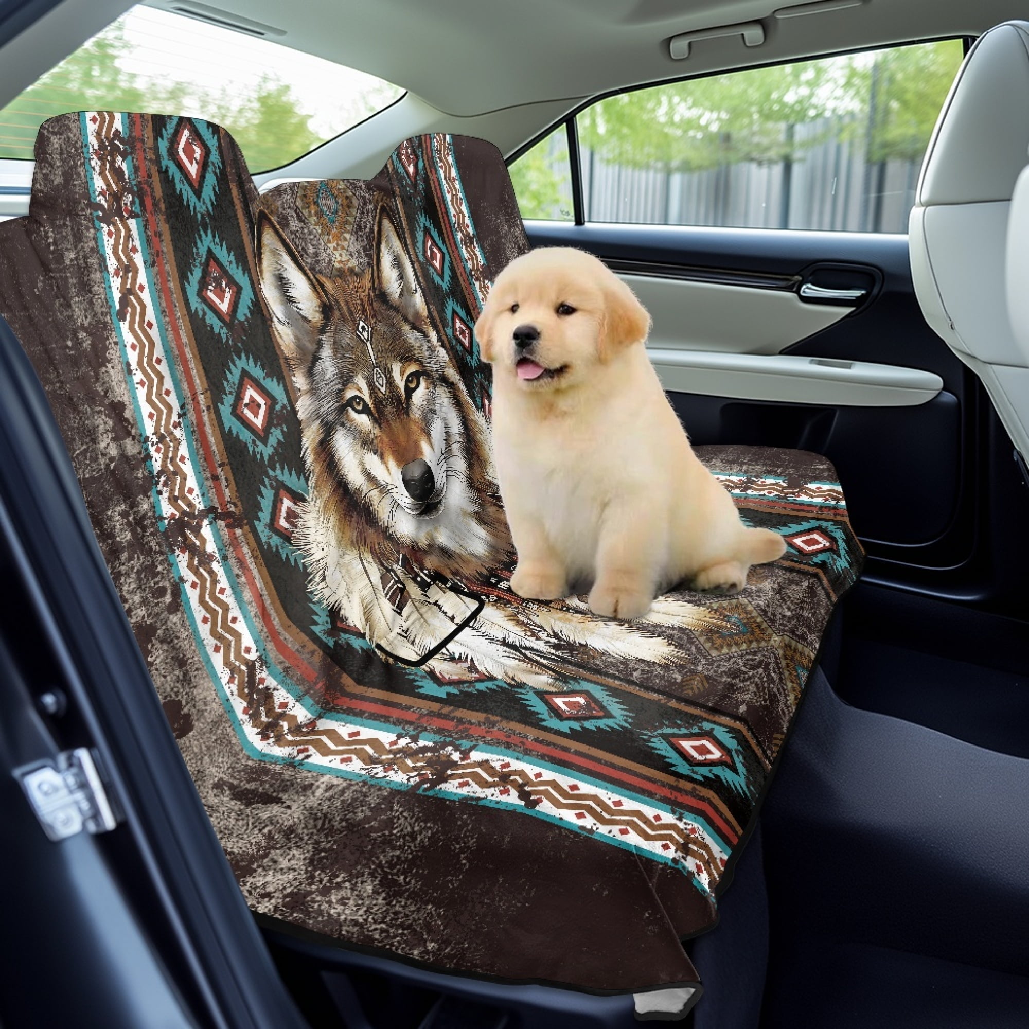 Drydeepin Aztec Indian Tribe Wolf Car Back Seat Cover, Rear Bench Seat Towel Cover for Truck SUV Van Sedan, Saddle Blanket After Gym Workout Hiking, Car Accessories for Women Men