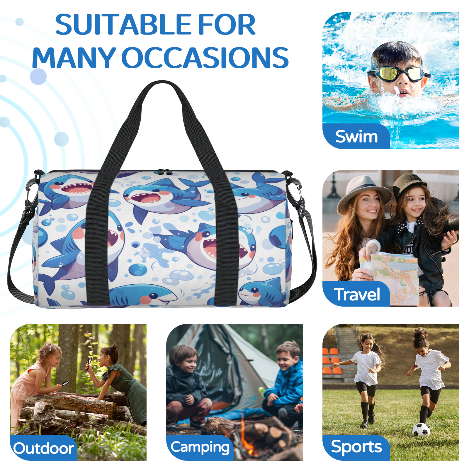 Herdesigns Cute Shark Gym Bag for Women, Duffle Bag for Travel Sport, Nautical Lightweight Waterproof Carry on Weekender Dance Yoga Workout Bags