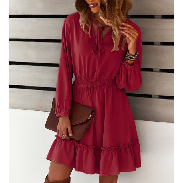 Vestido de corte A, Cuello en V, abullonado, Manga larga para mujer, Nikou