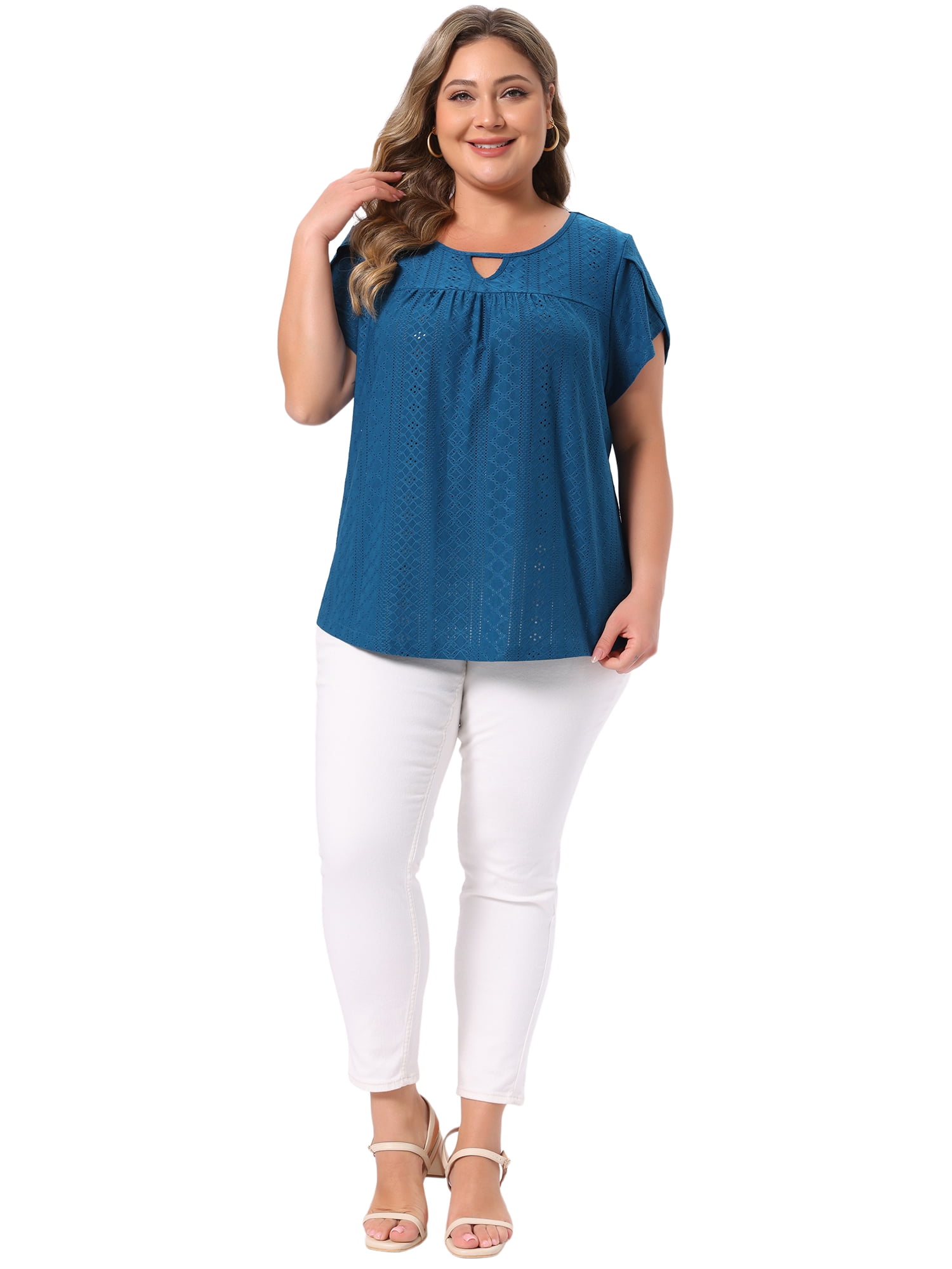DARING DIVA Women's Plus Petal Sleeve Keyhole Neck Loose Fit Casual Top 4X Peacock Blue