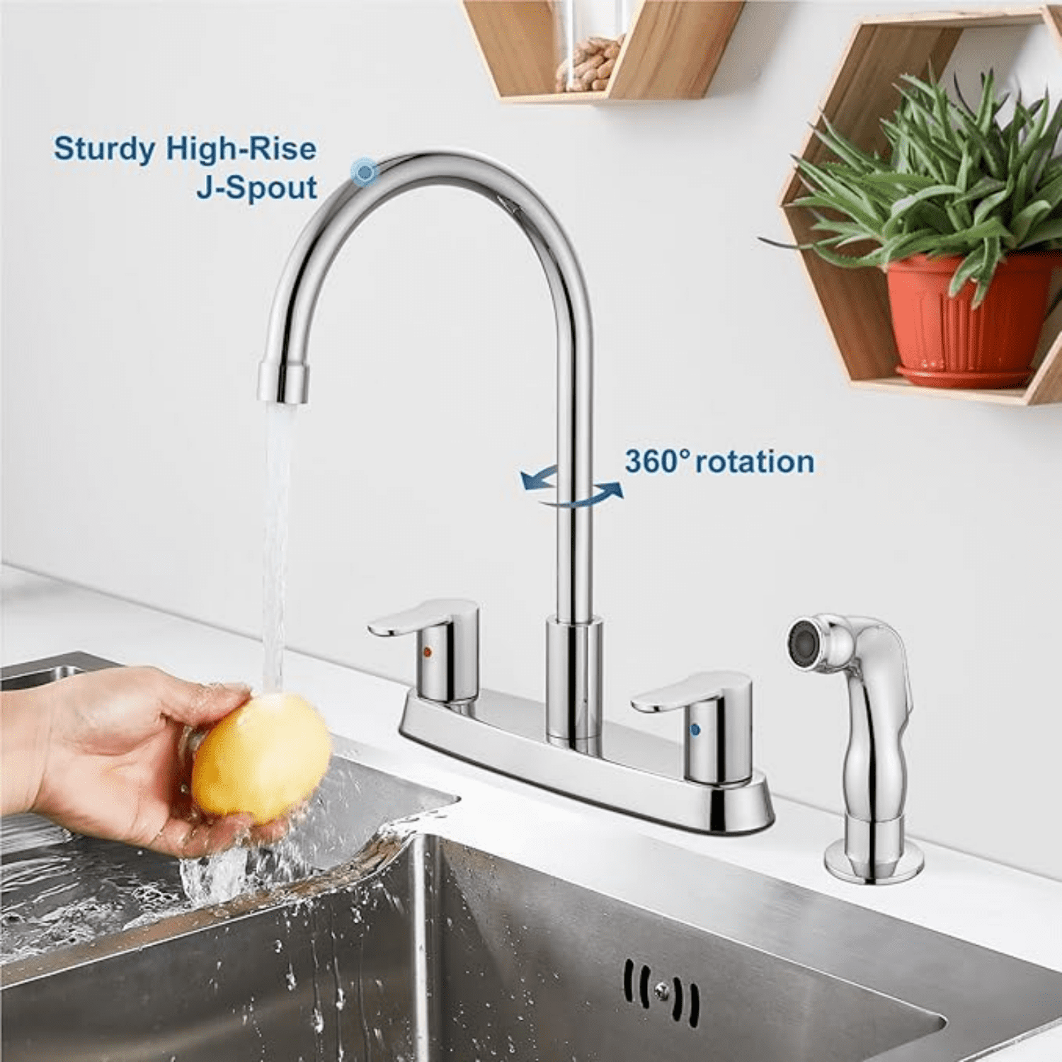 8 Inch Centerset Kitchen Faucet for Sink 3 Hole Dual Handle Kitchen Sink Faucets High Arc 360 Degree Rotating Spout with Supply Lines, Polished Chrome, with Side Sprayer