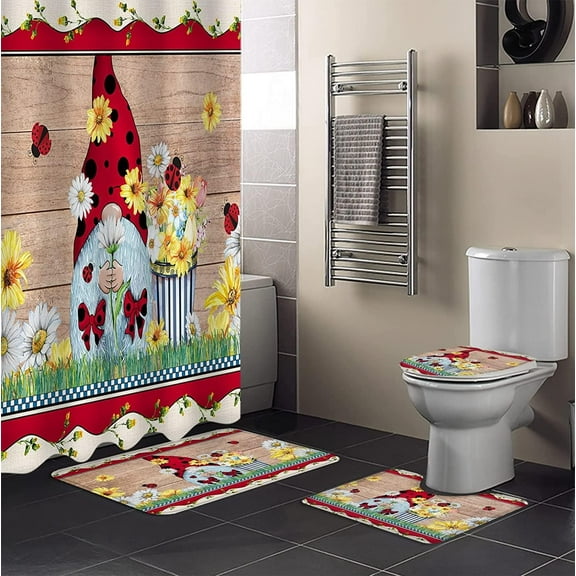 Ladybug Gnome 4 Pieces Shower Curtain Sets with Non Slip Rugs Toilet Lid Cover and Bath Mat, Spring Summer Daisy Retro Wooden Boards Bathroom Decor Set with 12 Hooks, 72" x 72"