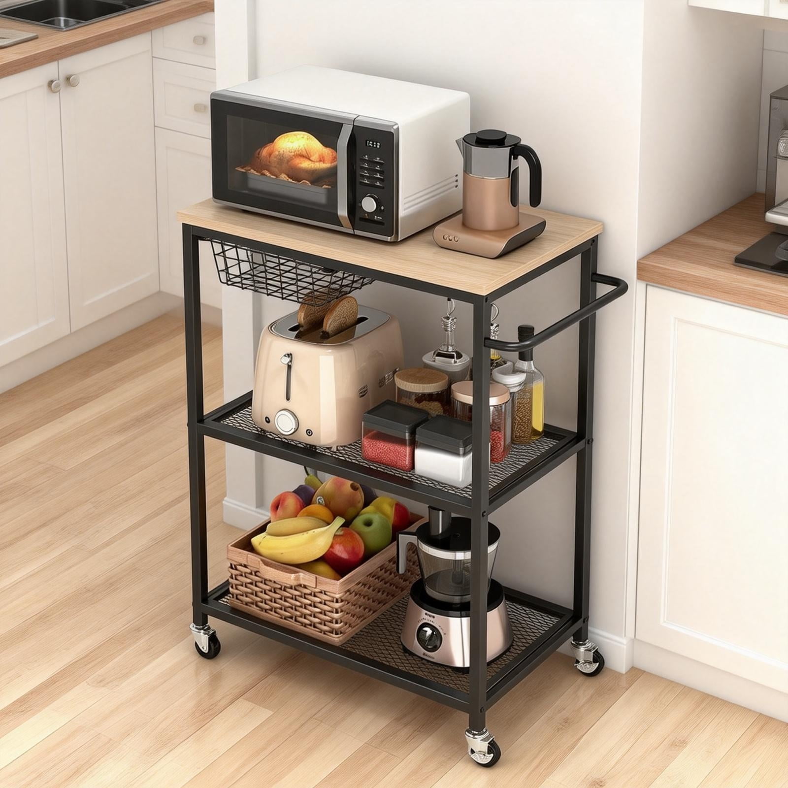 Soonbuy 3-Tier Kitchen Storage Cart, Baker’s Rack with Push Handle, Coffee Bar, Kitchen Storage Cart with Storage for Kitchen Island Restaurant Living Room