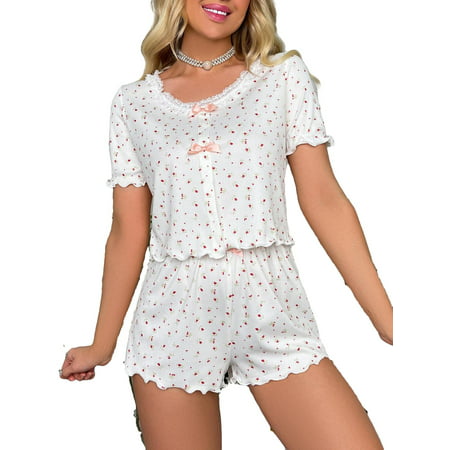 

Cute Ditsy Floral Print Print Round Neck Short Sets Short Sleeve White Womens Pajama Sets (Women s)