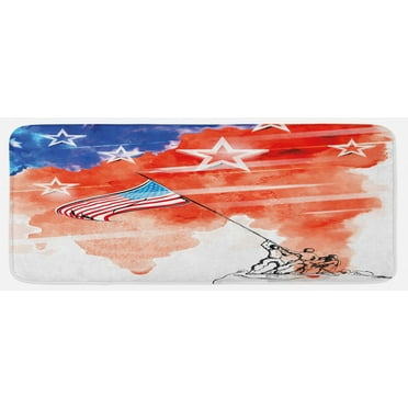 4th of July Kitchen Mat, Watercolor Art of a Historical Scene Planting the American Flag Design, Plush Decorative Kitchen Mat with Non Slip Backing, 47" X 19", Multicolor, by Ambesonne