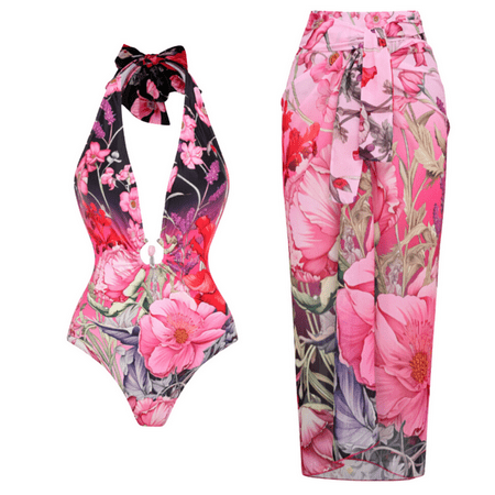 FLAXMAKER Women s Lace-up Neck Deep V Neck Strapless Printed One-Piece Swimsuit and Sarong/Skirt