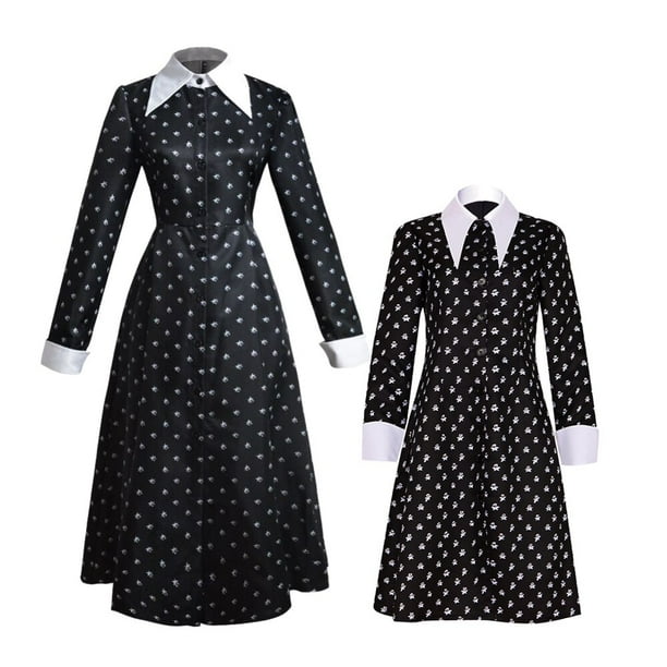 Vestido de Cosplay de Wednesday Addams para niñas, niños, mujeres adultas, disfraces a juego de la familia Wednesday, ropa gótica negra, fiesta de Halloween 4T (etiqueta 120) Gao Jinjia LED