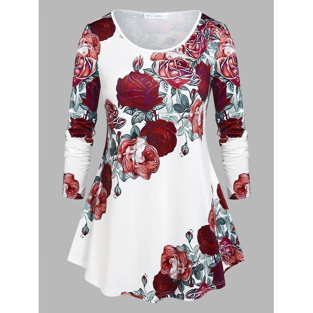 Camiseta de Túnica de Talla Extra con Estampado Floral de Talla Grande Rosegal Mangas largas de talla grande