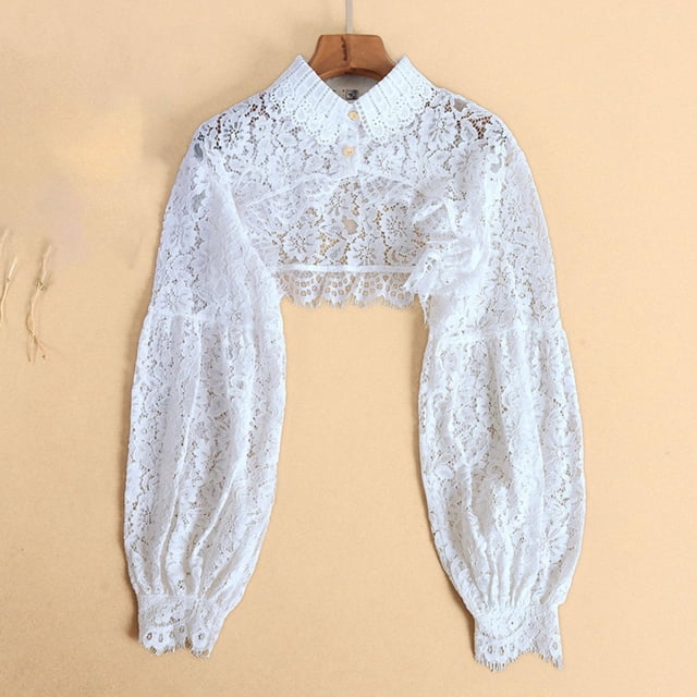 Moda encaje Floral cuello falso suelta recortada media blusa con accesorio de disfraz Floral sopa en capas muñeca de encaje para mujer Macarena Solapa de manga larga