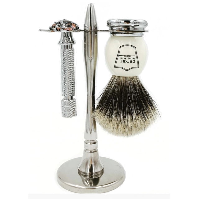 PARKER 87R SHORT HANDLE BUTTERFLY RAZOR & PREMIUM BEST BADGER 3-PIECE SHAVE SET