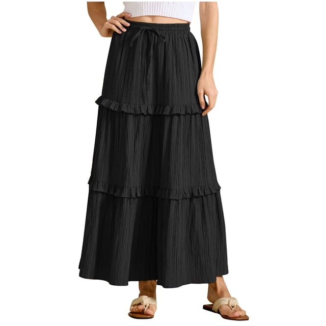 Besolor Summer Skirts for Women 2025 Boho Ruffle Tiered Maxi Skirt Drawstring High Waisted a Line Flowy Long Skirt