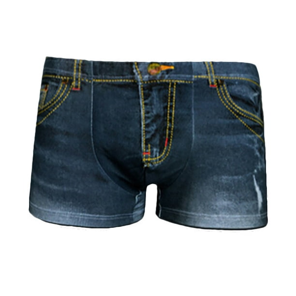 HEVIRGO Denim Pattern Fake Jeans Print Cotton Men Boxer Briefs Underwear  Underpants 