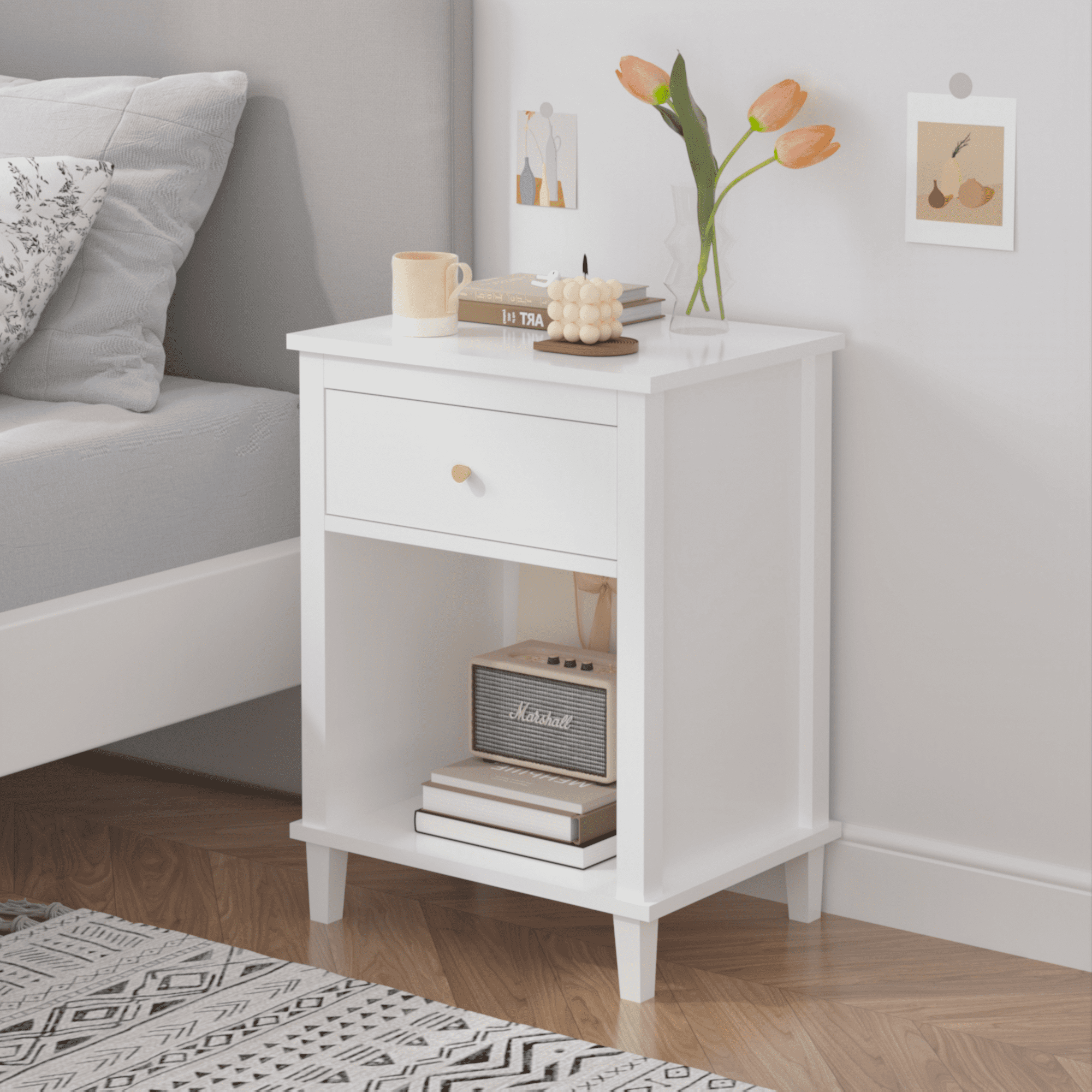 Yoneston Modern Nightstand with Drawer and Open Shelf, Simple Bedside Table for Bedroom, Kids Room, White