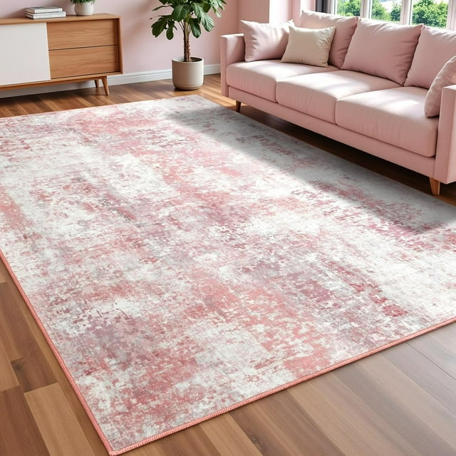 Macgace Modern Abstract Rugs for Living Room, 3'x5' Machine Washable Area Rug with Non Slip Backing for Bedroom, Soft Floor Covering Contemporary Carpet for Entryway Kitchen Home Office, Pink