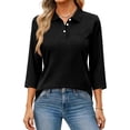 thumbnail image 3 of Womens Button Down 3/4 Sleeve Tennis Polo Shirts V Neck Collared Work T-Shirt Basic Business Casual Tops Black 2XL, 3 of 6