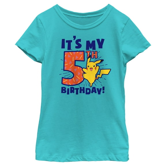Girl's Pokemon Pikachu It's My 5th Birthday  Graphic Tee Tahiti Blue Large