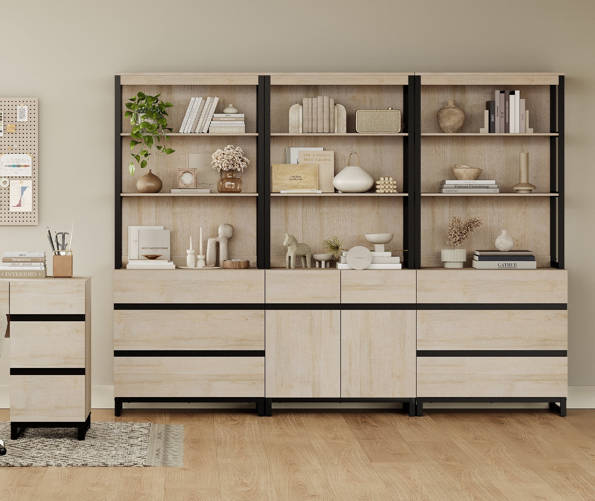 WAMPAT 3-Piece Modern 72" Tall Bookcase,6 Drawers & Adjustable Shelves with Storage Cabinet & Open Shelves, Freestanding Wood Library Bookshelf for Home Office & Living Room