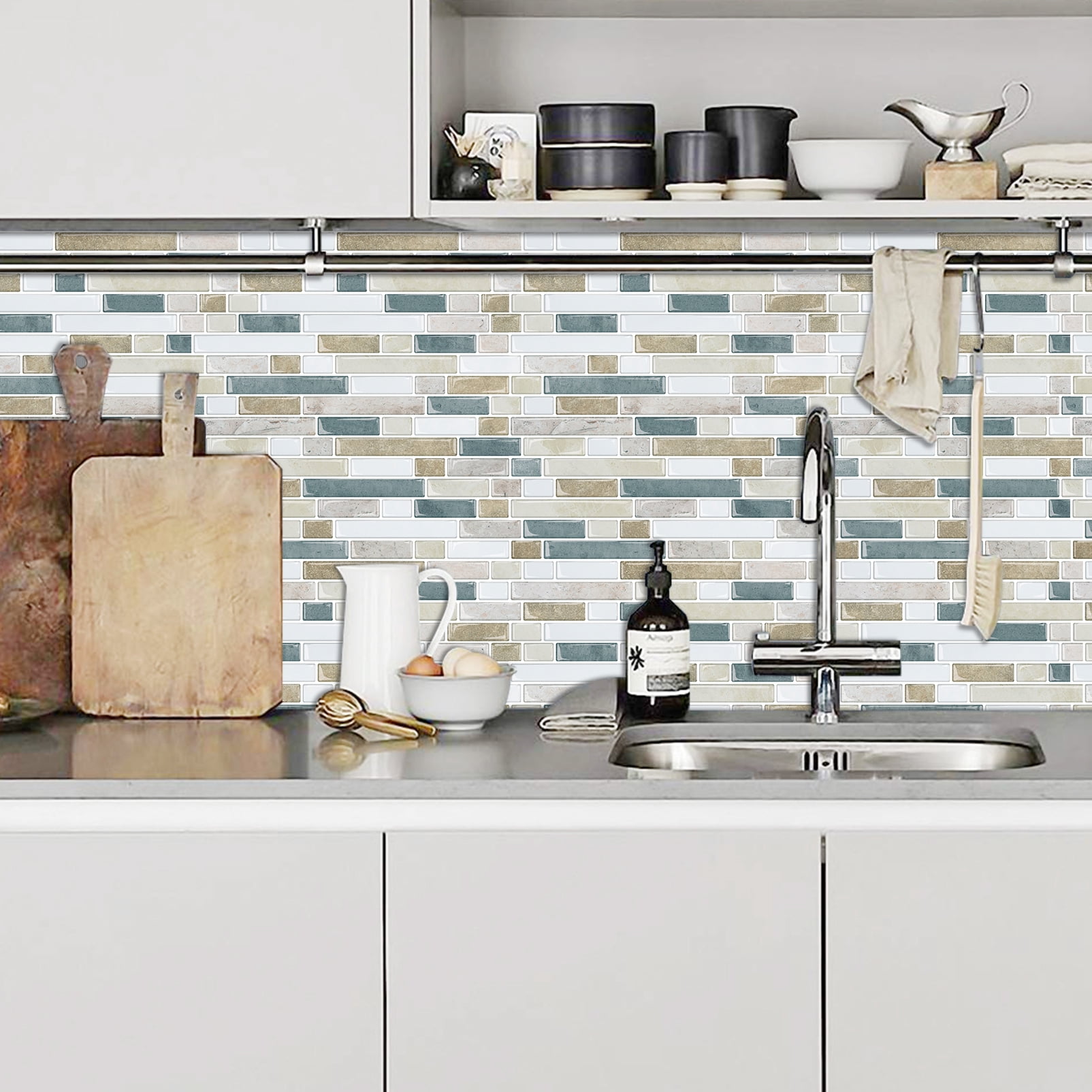DEWOO Thick Kitchen Peel and Stick Tile Backsplash, Stick on Wall Tiles, 12"x12" Self Adhesive Sticky 3D Wall Marble Tiles Bathroom (10-Sheet，Light Brown)