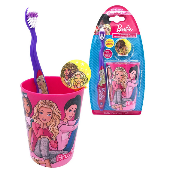 Barbie Manual Toothbrush Kit Includes Toothbrush Cover Cap and Rinsing Cup with Soft End Rounded Bristles, Ergonomic Handle Friendly Designed for Kids Girls Halloween Birthday Gifts