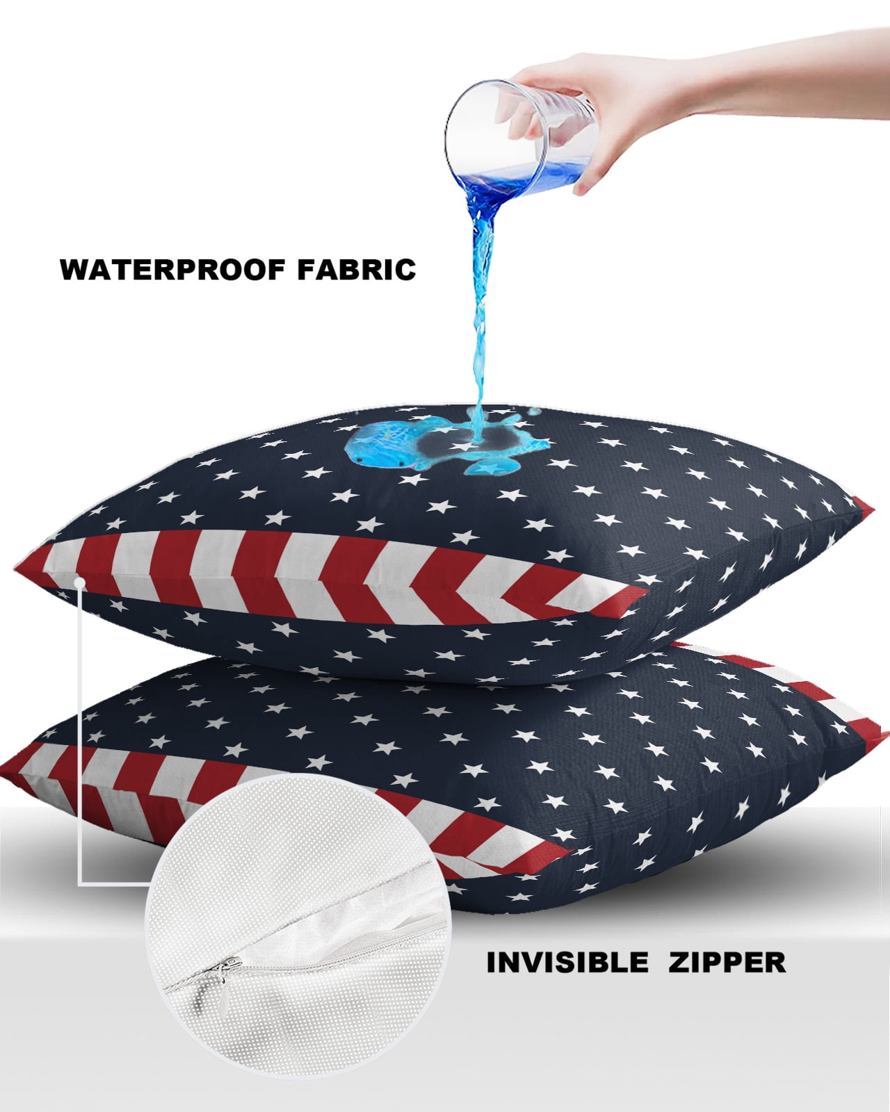 Outdoor Throw Pillow Cover American Patriotic National Flag Waterproof Cushion Covers 2 Pack Stars Blue Red and White Stripes Pillow Cases Home Decoration for Patio Garden Couch Sofa