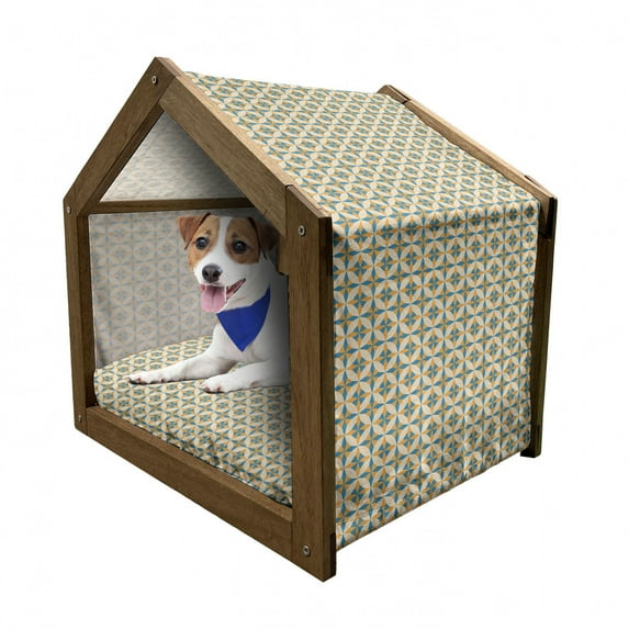 Geometric Pet House, Abstract Geometric Origami Pattern Vintage Illustration Retro Style Print, Outdoor & Indoor Portable Dog Kennel with Pillow and Cover, 5 Sizes, Orange Teal Cream, by Ambesonne