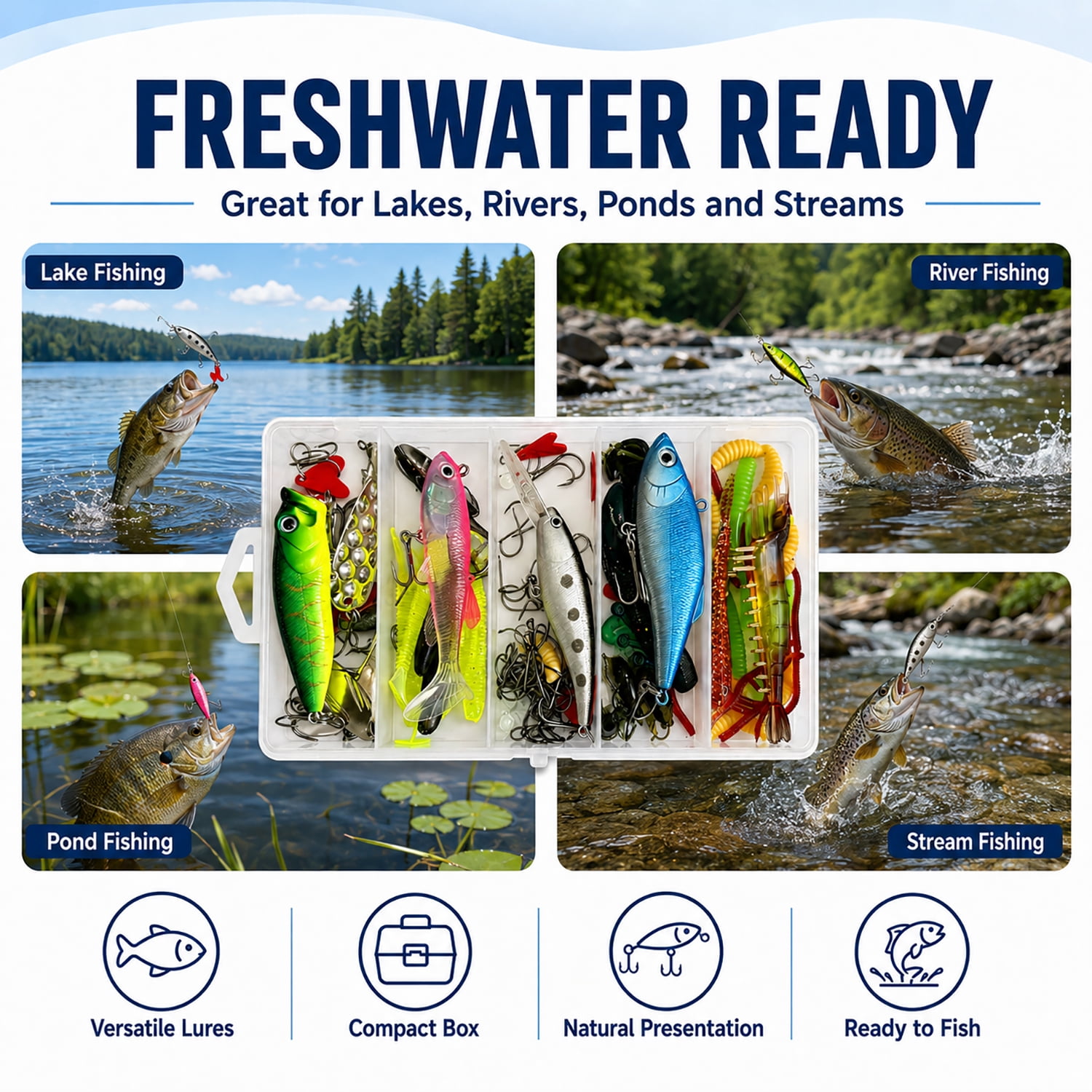 Fishing Lures Tackle Box Kit,Saltwater Freshwater Fishing Gear,Baits Tackle Including Crankbaits, Topwater Lures, Spinnerbaits,Fishing Accessories etc for Bass,Trout, Salmon, Fishing Gifts for Men