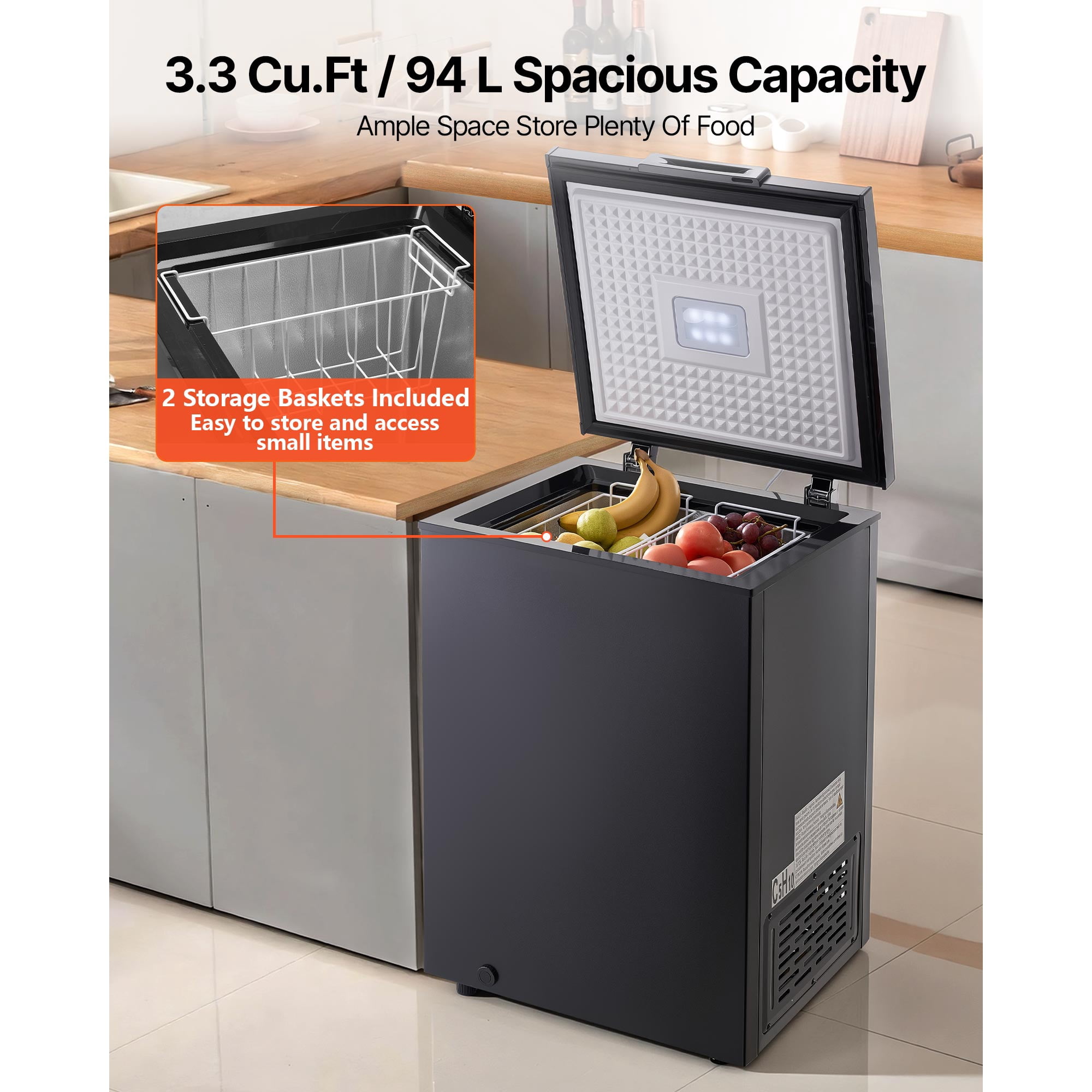 KFFKFF 3.3 Cu.ft Compact Chest Freezer, Freestanding Deep Freezer with Top-Opening Door, Includes 2 Removable Baskets & Adjustable Temperature Control - Energy Efficient, Quiet Operation, Black