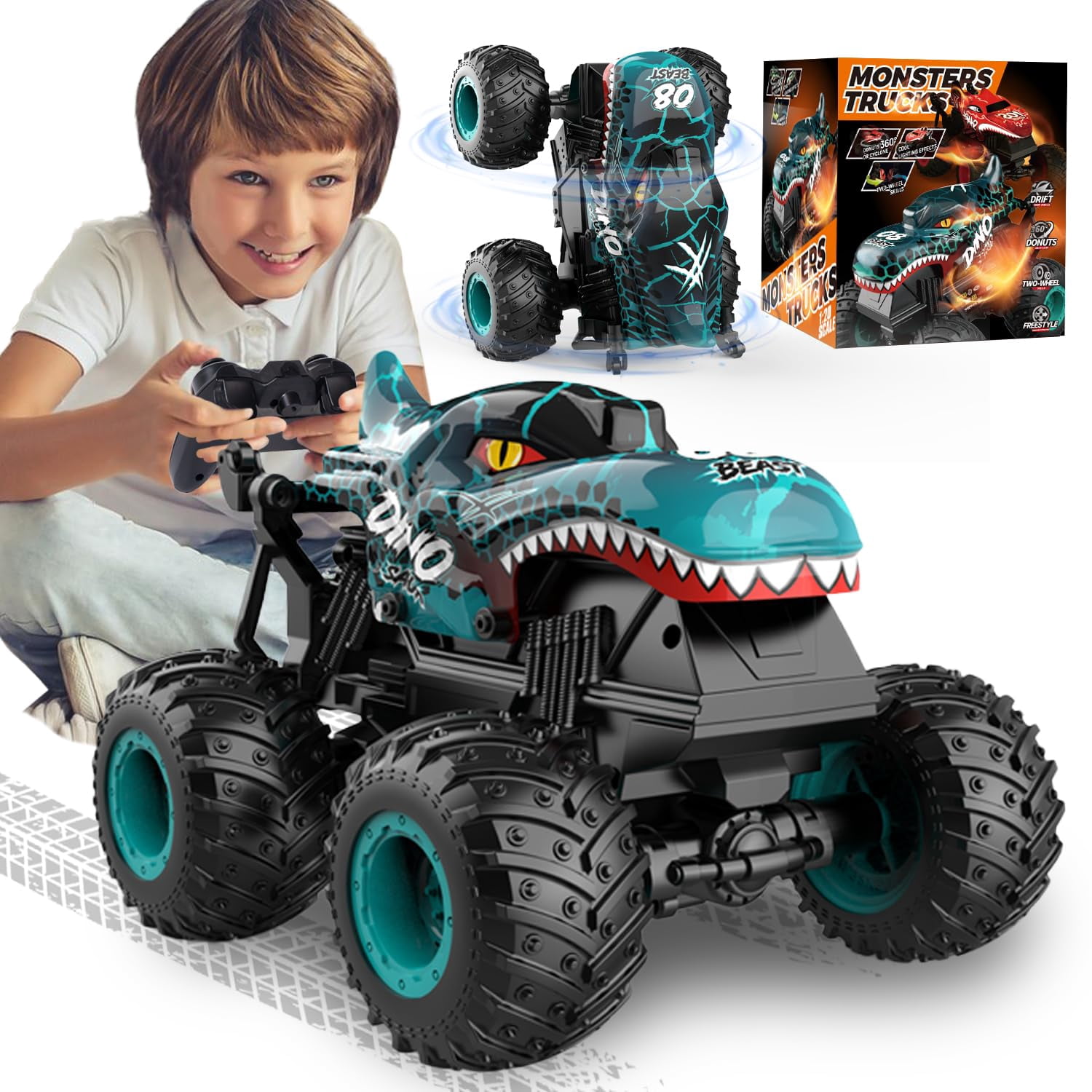 Monster Truck Toys, RC Monster Trucks for Boys, 1:20 Dinosaur RC  Cars with Light Music, Remote Control Truck with Stunt, 360Â° Spin, Walk 