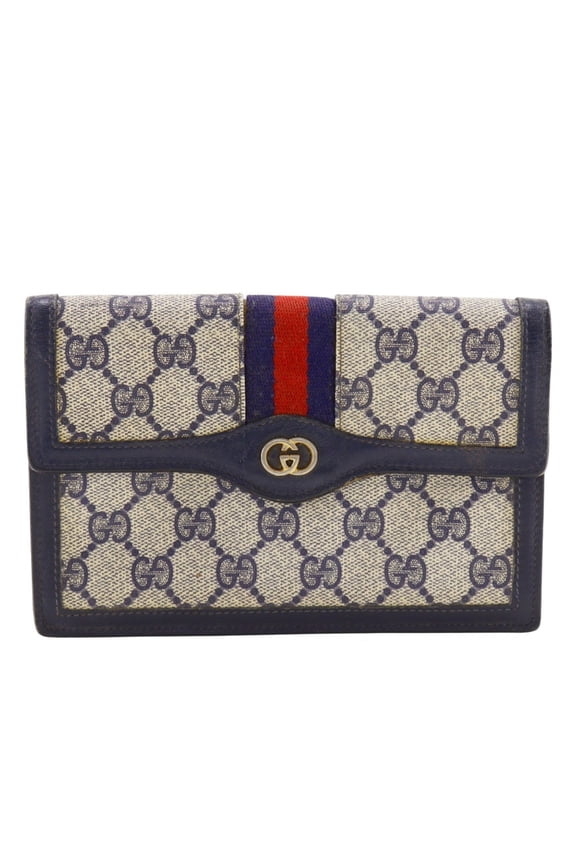 Pre-Owned Gucci Old Pouch Sherry Line Novelty GG Supreme Canvas Navy Snap Button... (Fair)