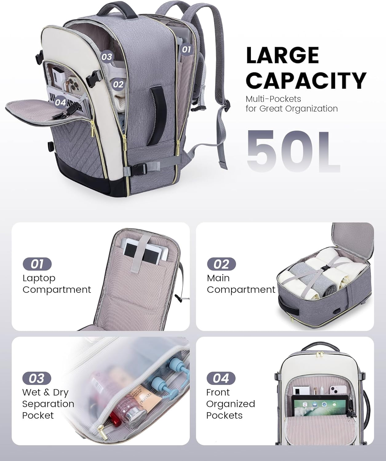 LOVEVOOK Large Travel Backpack for Women, TSA Carry on Backpack for Airplanes, 40L Personal Item Travel Bag for Women fits 17" Laptop,Waterproof Carry on Bag Airplane Approved with 3 Packing Cubes