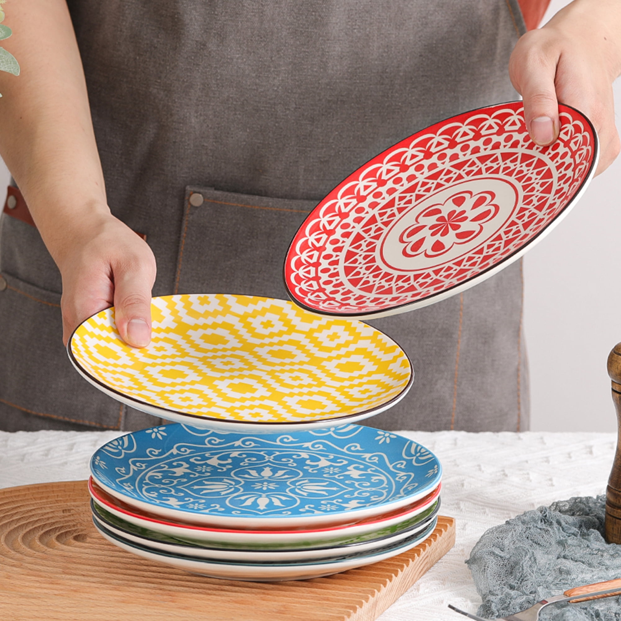 AHX Decorated Multicolor Round Plate Set, 8 inch - Salad, Dessert