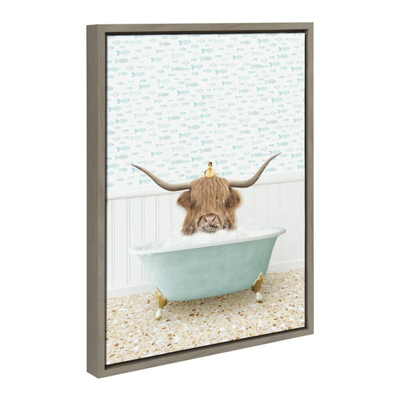 Kate and Laurel Sylvie Highland Cow and Duckling in Little Fish Bath Framed Canvas Wall Art by Amy Peterson Art Studio, 18x24 Gray, Cute Animal Bathtub Art for Wall