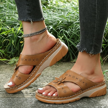 

ZHELIYO Women s sandals Ladies Fashion Summer Multicolor Leather Flower Hollow Embroidered Flat Sandals Khaki 8.5
