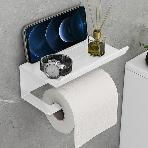 Toilet Paper Holder Aluminum Alloy No Drill | Bathroom Tissue Rack | Phone Storage Shelf | Modern Design | Wall Mount | Sturdy | White | 16.5x10x6x7cm | Includes Accessories