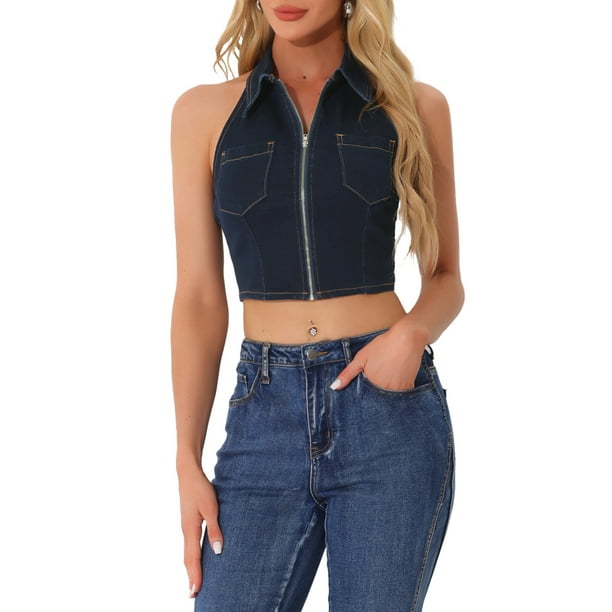 INSPIRAR CHIC Top de Mujer de Mezclilla con Cuello Halter y Cierre Sin Mangas en Negro y Azul