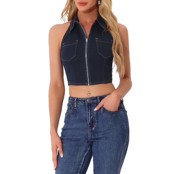 INSPIRE CHIC Women's Top Denim Halter Zipper Up Collared Sleeveless Jean Tank Tops M Black Blue