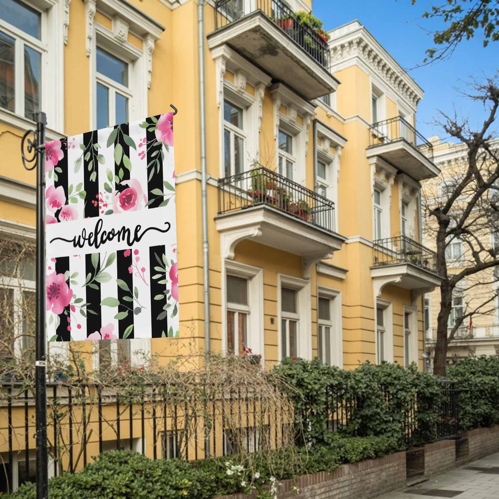 Spring Florals House Flags For Outdoor, Welcome Pink Floral Green Leaf Plack Stripes Small Double Side Yard Flags Weather Proof House Decor for Lawn Outside Holiday 28 x 40 Inches