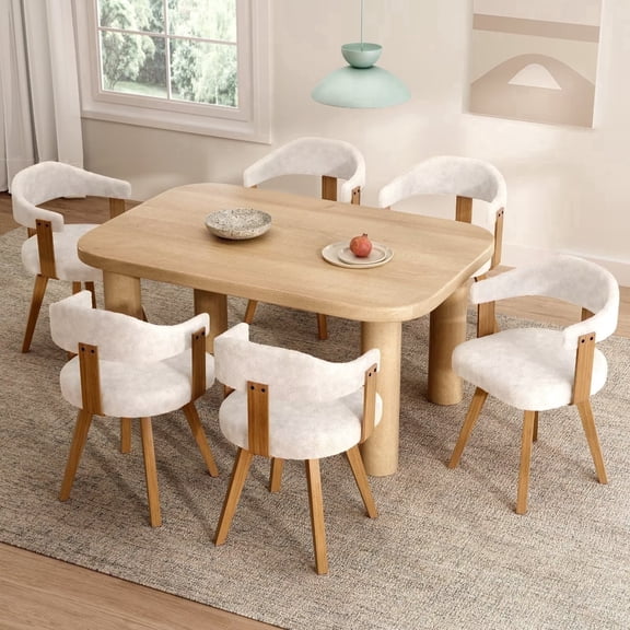 EYYTHUNG Swivel Dining Chairs Set of 6, Mid Century Modern Boucle Dining Chairs with Arms and Wood Legs, Upholstered Kitchen Chairs, White and Natural Oak