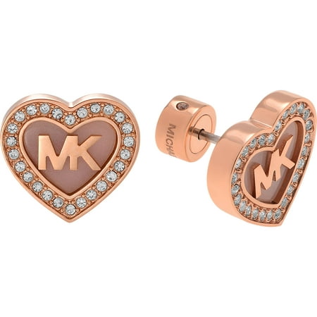 Michael Kors Women's Crystal Rose Gold-Tone Stainless Steel Logo Heart Stud Earrings